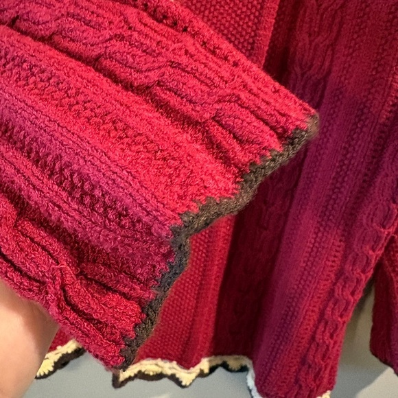 Anne Klein Cable Knit Cardigan Sweater Burgundy Cream Brown Tie Size Large - Picture 6 of 14